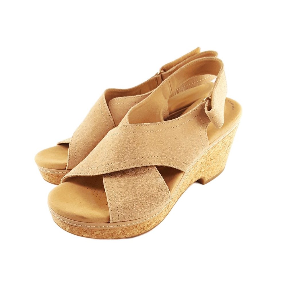 Clarks Comfort Collection Tan Annadel Eirwyn Suede Wedge Sandal- Womens Sz 11M - Picture 2 of 7
